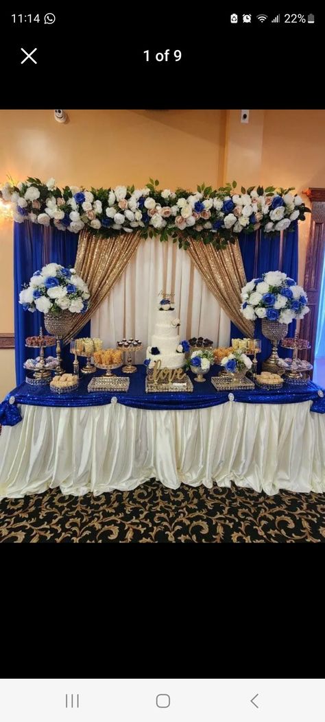 Royal Blue Main Table Quince, Blue Butterfly Quinceanera Theme Centerpieces, Dessert Table For Quinceanera, Quince Blue Decorations, Royal Blue And Gold Quinceanera Main Table, Royal Blue And Gold Cake Quinceanera, Quince Food Table, Royal Blue Table Decorations, Royal Blue Gold And White Wedding