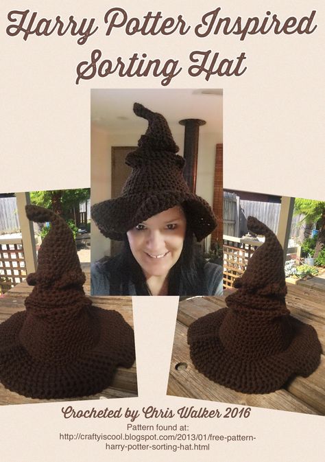 Harry Potter Sorting Hat.  I found that this pattern did not allow for a nose as shown in the picture from the pattern site. FREE Pattern found at:  http://craftyiscool.blogspot.com/2013/01/free-pattern-harry-potter-sorting-hat.html Diy Harry Potter Crochet, Crochet Harry Potter Free, Free Crochet Patterns Harry Potter, Crochet Sock Hat Free Pattern, Crochet Sorting Hat Free Pattern, Harry Potter Crochet Hat Pattern, Sorting Hat Crochet Pattern Free, Harry Potter Amigurumi Free Crochet, Harry Potter Crochet Hat