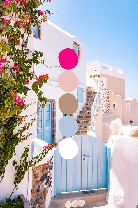 Mamma Mia Color Pallet, Mamma Mia Colour Palette, 3 Colour Palette Color Inspiration, Greece Style Bedroom, Greece Inspired Decor, Greece Inspired Party, Greece Themed Room, Greece Colour Palette, Summer Brand Color Palette