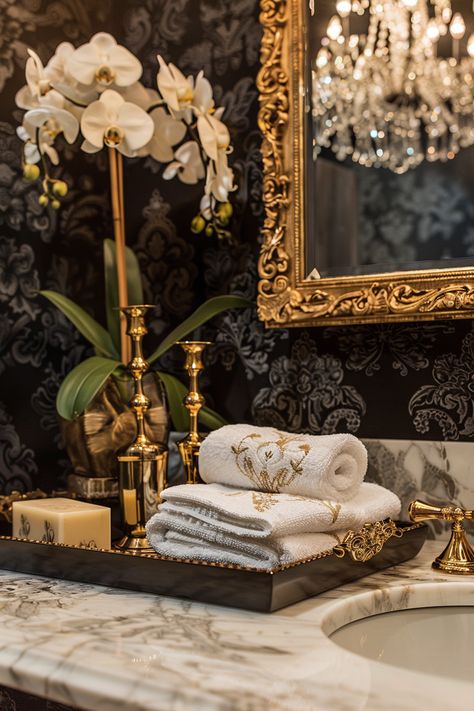 Elegant Bathroom Decor: Gold Accents & Luxurious Details Gilded Home Decor, Bathroom Decor Gold Accents, Bathroom Decor Gold, Luxurious Bathroom Design, Parisian Bathroom, Elegant Bathroom Decor, Gold Bathroom Accessories, Powder Room Decor, Wainscoting Panels