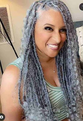 Grey And Black Braids Hairstyles, Gray Goddess Braids Silver Hair, Salt And Pepper Twists Black Women, Natural Grey Hair Styles For Black Women, Grey Crochet Hairstyles For Black Women, Gray Ombre Braids Black Women, Braids With Gray Hair Black Women, Salt And Pepper Faux Locs, Crochet Gray Hairstyles