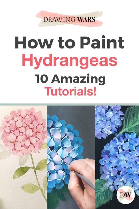 How to Paint Hydrangeas Step by Step the easy way. Learn How to Paint Hydrangeas Easy with the Best 10 Online Video Tutorials with Acrylic, Digital and many more techniques! How to Paint Hydrangeas Acrylic, How to Paint Hydrangeas Watercolor and more! Painting Tutorial for Beginners! Paint Hydrangeas, Hydrangeas Art, Floral Paintings Acrylic, Watercolor Hydrangea, Painting Flowers Tutorial, Hydrangea Painting, Oil Painting Tutorial, Diy Watercolor Painting, Learn How To Paint