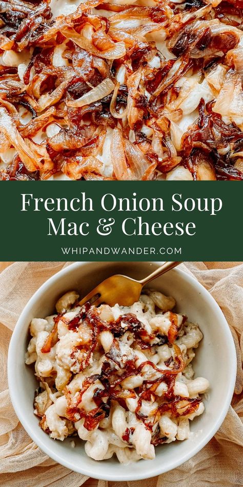 French Onion Soup Mac And Cheese Recipe, Luxury Mac And Cheese, French Onion Soup Mac And Cheese, French Onion Soup Pasta, French Onion Mac And Cheese, Warm Recipes, Food Dinner Recipes, Comfort Pasta, Easy Skillet Meals