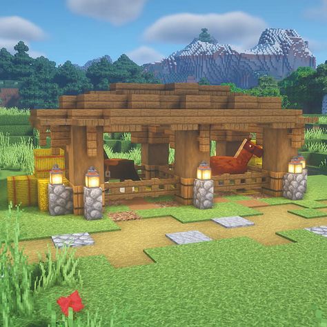 Minecraft Horse Stables Ideas Easy, Fire Pit Minecraft, Minecraft Backyard, Easy Minecraft Builds, Stable Minecraft, Cottagecore Village, Survival Builds, Random Decorations, Minecraft Horse Stables