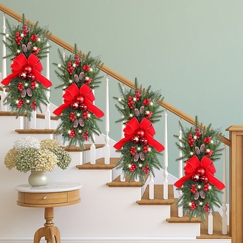 Xmas Stairs, Christmas Garland On Stairs, Cheap Wreaths, Cheap Christmas Decorations, Christmas Stairs, Stairway Lighting, Teardrop Swag, Christmas Decorations Cheap, Christmas Wreaths & Garlands