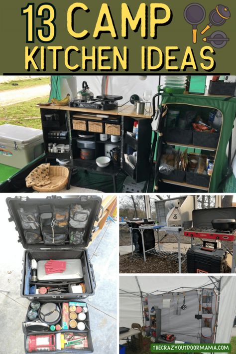 pictures of different ways to set up your camp kitchen - chuck box, diy chuckbox, camp kitchen pop up Tailgate Camping Ideas, Camp Kitchen Storage, Campsite Kitchen Setup, Organizing Camping Gear, Camp Set Up Ideas Campsite, Camping Food Storage Ideas, Camping Utensil Storage, Camping Accessories Ideas, Diy Camping Kitchen