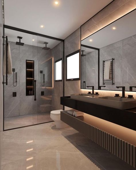 Masculine Minimalism, Moody Spa, Dark Marble Bathroom, Ensuite Inspiration, Mixing Furniture, Amazing Rooms, Dekorere Bad, Ideas Baños, Bathroom Interior Design Modern