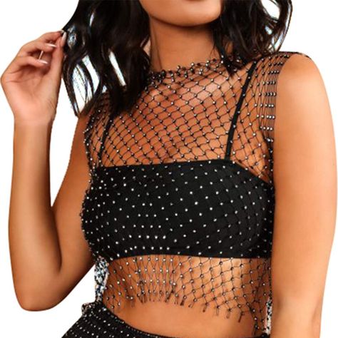 PRICES MAY VARY. Material: Polyester & Crystal, soft, stretchy, comfortable and lightweight. Glitter fabric shiny surface and the touch feeling is comfortable Sparkly, see through, scoop neck, sleeveless, hollow out floral net cover up One size fit US 0-10. Size: Bust:27.5"-35.5"; Length: 15.8" Sexy and Attractive: With shiny rhinestones and see through mesh design, easily to make you looks so sexy and attractive when you wear it and stay with your lover Occasion: Perfect for clubwear, beach, po Tops Transparentes, Mesh Top Outfit, Mesh Outfit, Look Festival, Sparkle Top, Rave Party, Music Festival Outfits, Mesh Tank Top, Crop Top Shirts