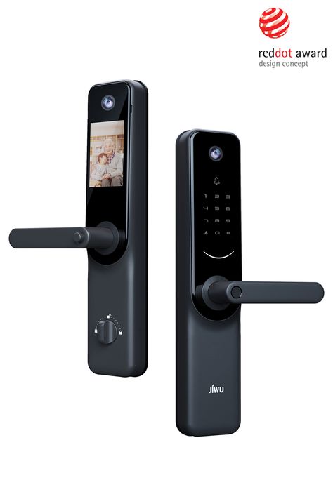 A multi-dimensional smart door lock with dual cameras for double the security. Outside the door, the camera provides security monitoring. Indoors, the cameras can be turned ‘on’ or ‘off’ to look out for elderlies and children at home. #RedDot #DesignAward #DesignConcept #artificialintelligence #gooddesign Smart Door Lock Design, Security Screen Doors, Interior Doors Modern, Bi Fold Doors, Door Camera, Best Home Security System, Digital Door Lock, Best Smart Home, Doors Modern