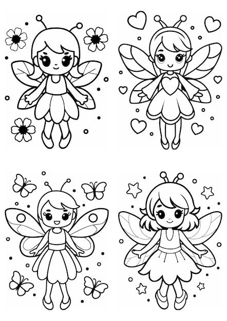 Photo cute fairy coloring pages in kawai... | Premium Photo #Freepik #photo Cute Fairy Coloring Pages, Coloring Pages To Print Free Printables, Cute Fairy Drawings, Cricut Sticker Paper, Cute Fairies, Kawaii Fairy, Fairy Wall Art, Preschool Art Projects, Line Art Style