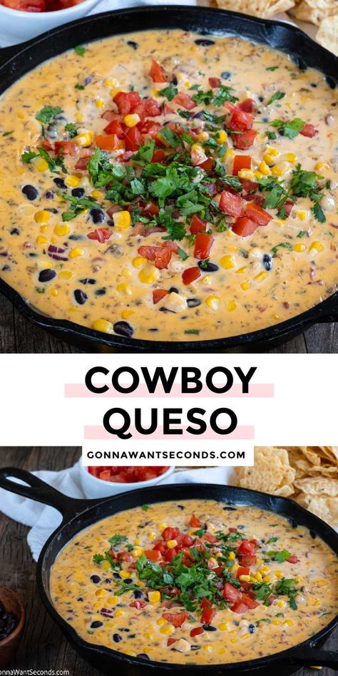 *NEW* Get ready to tip your hat to this fully loaded Cowboy Queso. A mix of creamy cheesy deliciousness and pops of fresh flavor, this queso eats like a meal. #cheesedip #partdip Cowboy Queso Dip, Cowboy Queso, Crock Pot Dips, Queso Dip Recipes, Queso Dip, Dip Recipes Easy, Yummy Dips, Party Food Appetizers, Appetizer Dips