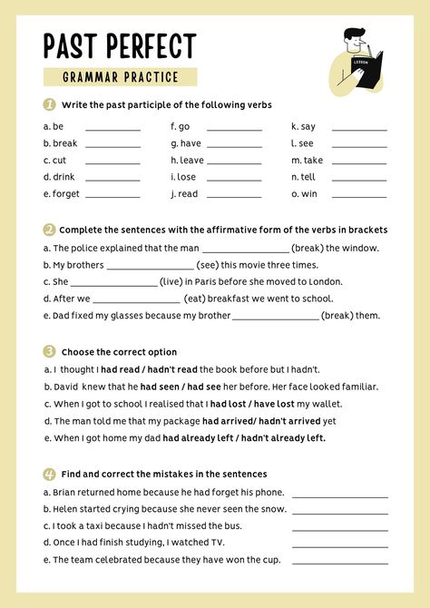 White Pastel Yellow Past Perfect Grammar Practice Worksheet - Templates by Canva Past Perfect Worksheets, Past Perfect Tense Exercises, Past Perfect Tense, Past Tense Worksheet, Easy Grammar, Reading Comprehension Texts, Spelling Homework, Reading Body Language, Tenses English