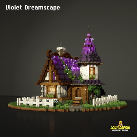 Cute Witchy Minecraft Houses, Minecraft Building Ideas Mystical, Cute Witch Hut Minecraft, Amethyst Roof Minecraft, Minecraft Building Ideas Purple, Wizard Minecraft Builds, Black And Purple Minecraft Builds, Mystic Minecraft Builds, Purple Castle Minecraft