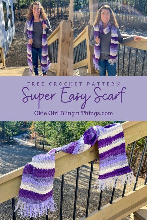 I loved using Brava Stripes yarn to make this super simple and easy scarf crochet pattern. I used a stitch called the Wattle Stitch and it worked up perfectly in this striped yarn! Make it long enough and you can wrap it around you a couple times to keep out the cold winter wind! This would be a great pattern for a beginner crocheter! . . . #freecrochetpattern #easyscarfcrochetpattern #easyscarfpattern #wintercrochetpattern #purplecrochetscarfpattern #bravastripeyarn #bravayarn #wecrochetyarn Crochet Striped Scarf Pattern Free, Easy Scarf Crochet Pattern, Easy Scarf Crochet, Stripe Scarf Pattern, Crochet Scarf Pattern Free Easy, Crochet Stripe Scarf, Crochet Kids Scarf, Simple Scarf Crochet Pattern, Crochet Scarf Easy