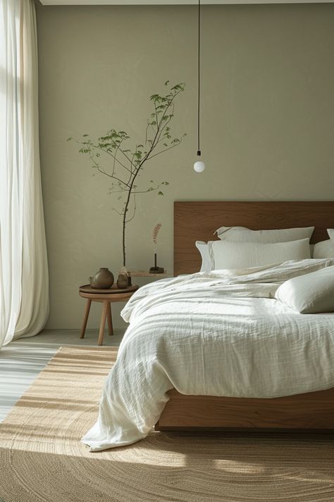 57+ Sage Green Bedroom Ideas That Feel Serene Bedroom Sage Walls, Bedroom Decor Olive Green, Wabi Sabi Green Bedroom, Light Olive Walls, Small Sage Green Bedroom, Light Olive Green Bedroom, Green Olive Bedroom, Sage Green Paint Bedroom, White And Olive Green Bedroom