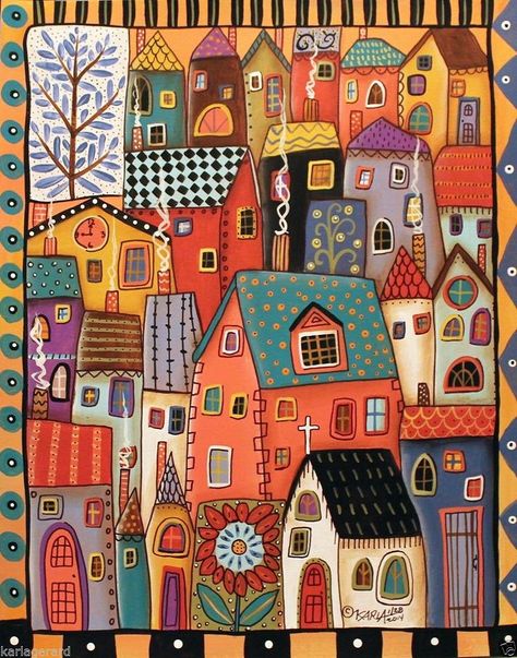 Karla Gerard, Naive Painting, City Homes, Peisaj Urban, ดินปั้น Polymer Clay, Kunst Inspiration, Naive Art, Whimsical Art, Art Quilts