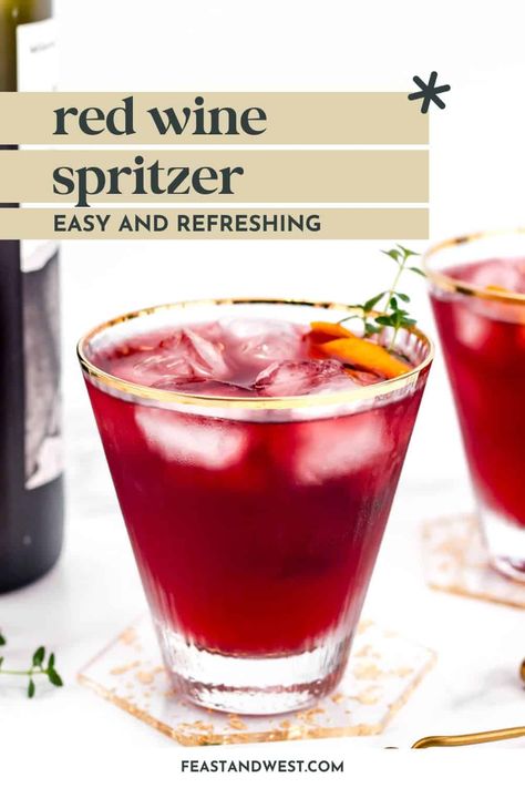 Finally, a red wine cocktail that is not sangria! This easy Red Wine Spritzer is an effervescent and elegant sip fit for every evening. Cabernet Sauvignon Cocktails, Red Wine Mixed Drinks, Red Wine Drink Recipes, Easy Wine Cocktails, Easy Red Cocktails, Cranberry Wine Spritzer, Christmas Wine Cocktails, Sparkling Wine Cocktail Recipes, Red Wine Spritzer