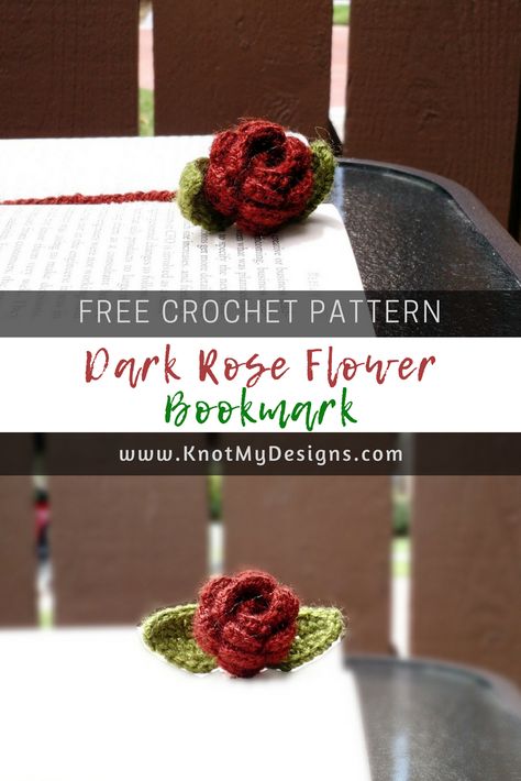 Free Crochet Pattern - Bookmark - Dark Rose Flower Bookmark.                         Learn how to make a flower bookmark with written pattern. Bookmark Crochet Pattern Free Ideas, Crochet Rose Bookmark Pattern Free, Free Crochet Flower Bookmark Patterns, Crochet Flower Book Mark, Crochet Floral Bookmark, Flower Crochet Bookmark Pattern, Crochet Bookmarks Free Patterns Flower, Crochet Flower Bookmark Pattern, Flower Bookmark Crochet Free Pattern