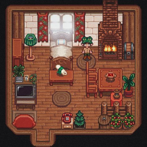 I love natural warm colours so I went for brown, red and green colour scheme for this cabin. I'm also a fan of that tier 1 farmhouse in Stardew Valley. It's fun to mess around when there's so little room as it makes you more creative 😀 Stardew Valley Character Outfit Ideas, Stardew Valley Home Interior Aesthetic, Stardew Valley Starter House, Stardew Valley Inspiration Farm, Stardew Cabin Layout, Stardew Valley Small House Interior, Cozy Stardew Valley, Stardew Valley Cabin Interior, Cabin Stardew Valley