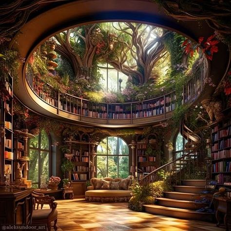 Fantasy Dream House, Fantasy Art House Interior, Dream Nature House, Interior Design Fantasy Art, Fantasy Homes Art, Fairy House Design, Floral House Aesthetic, Fantasy House Decor, Cute Library Aesthetic