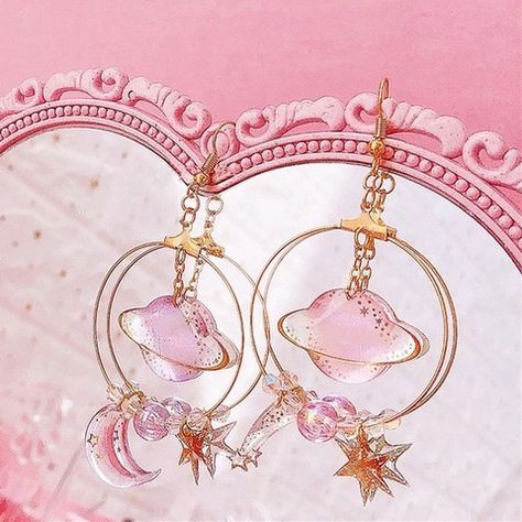 #thestarsthemoonandtheclouds #cute #sweet #pink Anting Manik, Galaxy Earrings, Kawaii Jewelry, Magical Jewelry, Kawaii Accessories, Fantasy Jewelry, Girly Jewelry, Jewelry Inspo, Pretty Jewellery