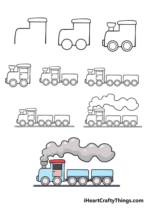 How to Draw A Train – A Step by Step Guide How To Draw Thomas The Train, Train Doodle Easy, How To Draw A Train Step By Step, How To Draw Train, How To Draw Places, Train Drawing Kids, Cute Train Drawing, Train Sketch Simple, How To Draw A Train