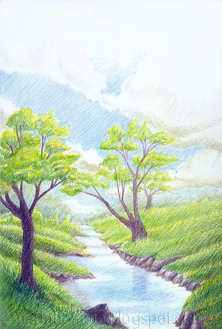 Moleskine art! Colour Pencil Art Landscapes, Pencil Colour Painting, Landscape Drawing Easy, Pencil Drawings Of Nature, Color Pencil Sketch, Color Pencil Illustration, Crayon Drawings, Pencil Sketch Images, Colored Pencil Artwork