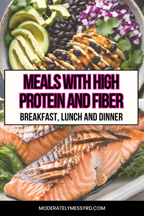 20+ meals to increase overall protein and fiber content. These are breakfast, lunch, and dinner recipes with over 20 grams of protein and 6 grams of fiber per serving. The protein + fiber combination can reduce appetite, stabilize blood sugars, and keeping you fuller for longer! Plus, fiber is important for digestive health and can help lower risk of chronic disease. Meal Prep For The Week High Fiber, Breakfast High In Fiber, How To Increase Fiber In Your Diet, High Nutrient Foods, Meals With Fiber And Protein, Add Fiber To Diet, Fiber Rich Recipes Meals, Fiber Rich Smoothie Recipes, High Protein And Fiber Meals Dinners