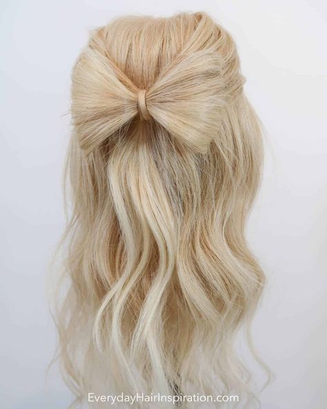 Easy beginner-friendly bow hairstyle! Simple half up half down hairstyle with a bow made out of hair! Perfect for a special occasion... Bow Made Out Of Hair, Hairstyle Front View, Camp Hairstyles, Hairstyle Ribbon, Hairstyle For Beginners, Easy Hair Bows, My Hairstyle, Trendy Bows, Hair Bow Tutorial