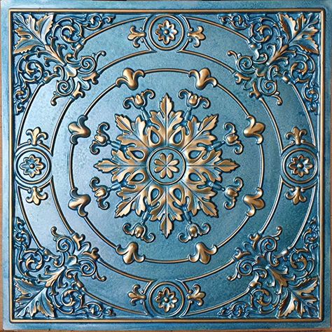 Amazon.com: PLASTDECOR Drop in Ceiling Tiles Faux Tin Cyan Gold Cafe Decor Ceiling Panels PL18 10pcs/lot: Home & Kitchen Ceiling Tins, Beautiful Ceilings, Decor Ceiling, Faux Tin Ceiling, Faux Tin Ceiling Tiles, False Ceiling Living Room, Decorative Ceiling Tile, Faux Tin, Tin Tiles