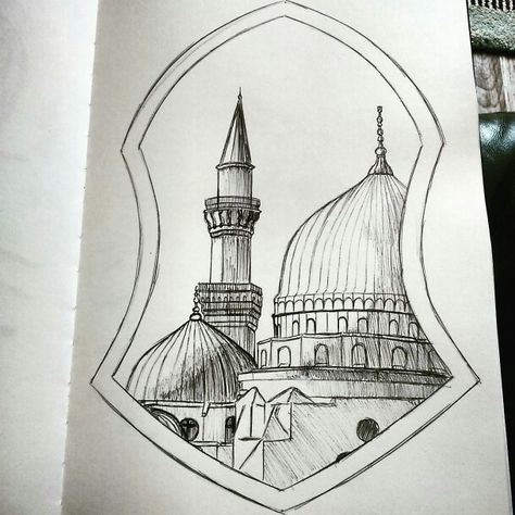 Islam Sketch Art, Madina Sharif Sketch, Drawing Pictures Pencil Art Easy, Islamic Sketches Pencil, Islamic Pencil Drawings, Madeena Shareef Drawing, Mosques Drawing, Madina Sharif Drawing, Mosque Tattoo