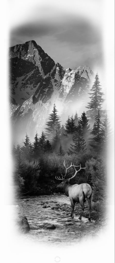 Moose Forest Tattoo, Realism Nature Tattoo Sleeve, Animal And Nature Tattoo, Leg Forest Tattoo, Deer Mountain Tattoo, Wildlife Tattoo Ideas, Mountain Tattoo Stencil, Bear Forest Tattoo, Montain Tattoo Designs