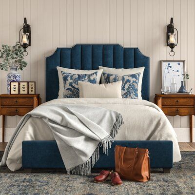 Blue Upholstered Bed, Blue Velvet Headboard, Traditional Southern Home, Bed Velvet, Blue Headboard, Patterned Duvet, Standard Bed, Upholstered Panel Bed, Upholstered Panels