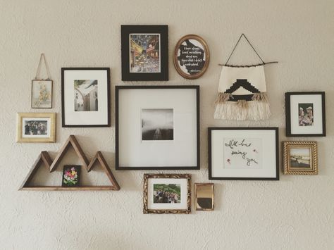 Gallery Wall Ideas Mixed Media, Boho Western Gallery Wall, Gallery Wall With Tapestry, Photo Wall Mixed Frames, Geometric Gallery Wall, Adventure Wall Collage, Easy Gallery Wall Ideas, Nature Gallery Wall Ideas, Gallery Wall Accent Pieces