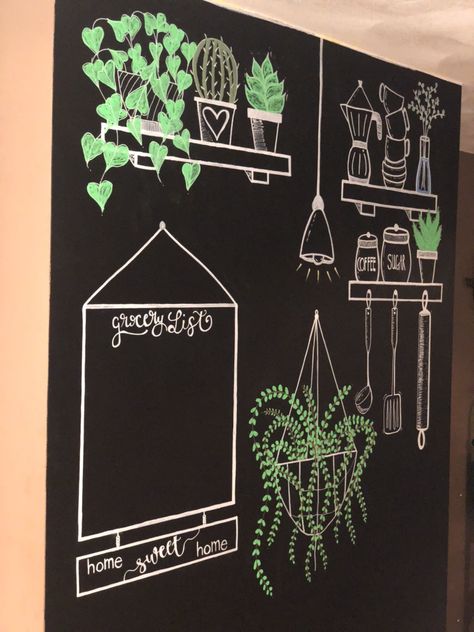 Chalk Kitchen Wall, Kitchen Doodle Wall Art, Black Chalkboard Wall, Chalk Art Board Ideas, Cafe Board Design Blackboard Wall, Chalk Wall Art Kitchen, Kitchen Wall Chalkboard Ideas, Blackboard Ideas Kitchen, Plants Chalkboard Art