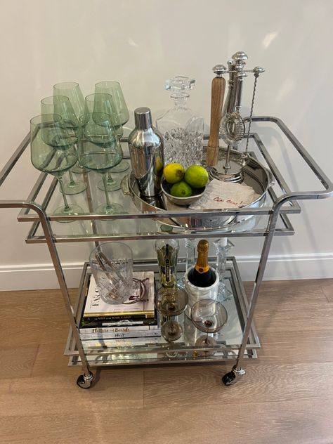 Pottery barn bar cart Cheetah Print Salon Ideas, Bar Cart Themes, Acrylic Bar Cart Styling, Coffee Bar Cart Aesthetic, Aesthetic Bar Cart Styling, Vintage Bar Cart Aesthetic, Bar Cart Home, Decorated Bar Cart, Bar Cart Glasses