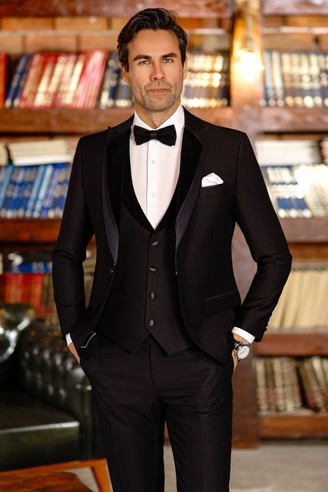 Unleash your inner James Bond with the Black Slim-Fit Tuxedo 3-Piece, a nod to the iconic elegance of Hollywood's golden age. With its tailored perfection and subtle yet striking details, this ensemble is your license to thrill, promising an evening of intrigue, romance, and unforgettable moments.

#suit #suits #eveningattire #menattire #styleinspiration #menstyle #gentleman #tuxedo #blacktuxedo Men Wedding Suits, Blazer Waistcoat, Mens Tuxedo, Suit Styles, Double Breasted Tuxedo, Suit Stores, Slim Fit Suit Men, Slim Fit Tuxedo, Lapel Jacket