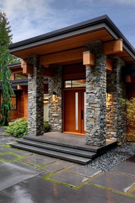 Rumah Moden, Arsitektur Art Deco, Modern Entrance Door, Exterior House Remodel, Prairie Style Houses, Modern Entrance, Stone Pillars, Entrance Door Design, التصميم الخارجي للمنزل