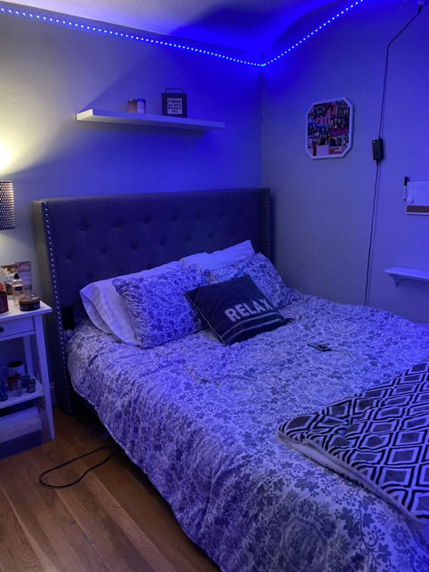 neon bedroom lights, queen bed, bedroom setup, room aesthetic Neon Bedroom Lights, Blue Room Aesthetic, Queen Bed Bedroom, Blue Room Decor, Bedroom Vibes, Neon Bedroom, Bedroom Lights, Small Room Decor, Bedroom Setup