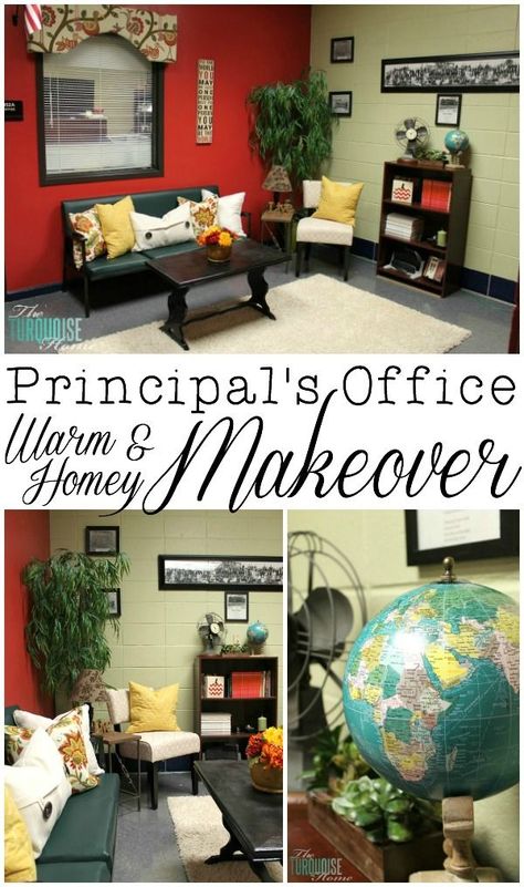 The Principal's Office: A Warm and Homey Makeover with @HomeGoods | TheTurquoiseHome.com Decorating Principal Office, High School Principal Office Design, Inviting Office Space At Work, Principals Office Decorating Ideas, Principals Office Decor, Preschool Director Office Decor Ideas, Education Office Decor, School Principal Office Decor, School Front Office Decorating Ideas