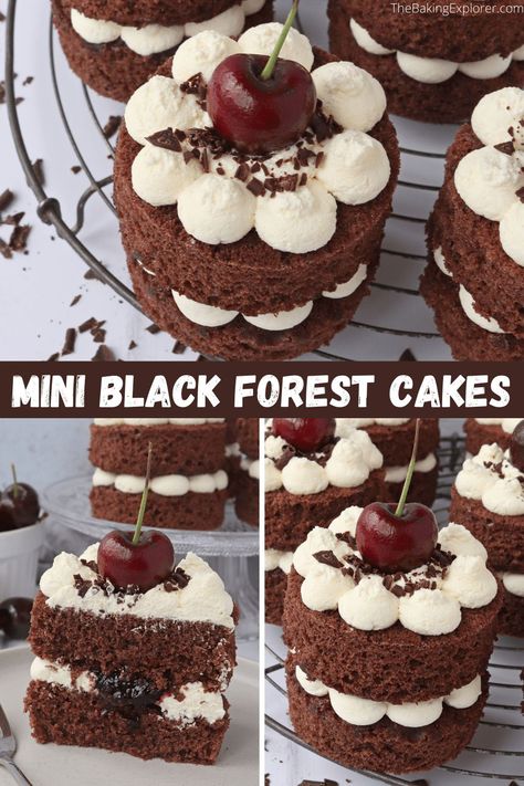 Individual Black Forest Cake, Small Black Forest Cake, Mini Chocolate Cakes Ideas, Afternoon Tea Cake Ideas, Afternoon Tea Cakes Recipes, Mini Cake Recipes Easy, Black Forest Mini Cakes, Mini Sponge Cakes, Easy Valentine Desserts For A Crowd