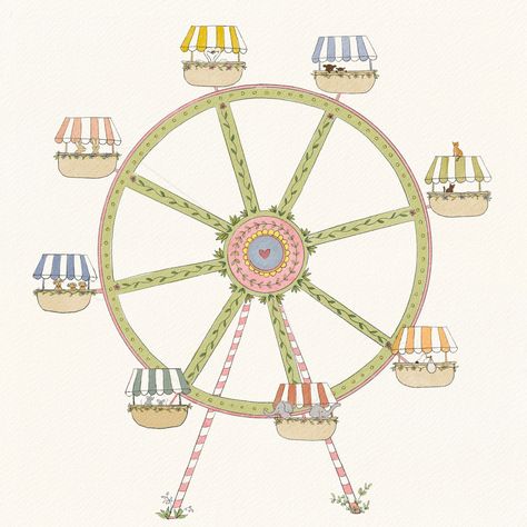 Spring Saturdays are for endless rides in the Ferris wheel. How many animals can you spot? 🐶 🐱 🦢 🐘 Fair Drawings, Exam Background, Ferris Wheel Illustration, Ferris Wheel Drawing, Amusement Park Drawing, Ferris Wheel Aesthetic, Wheel Illustration, Year Book, Kawaii Core