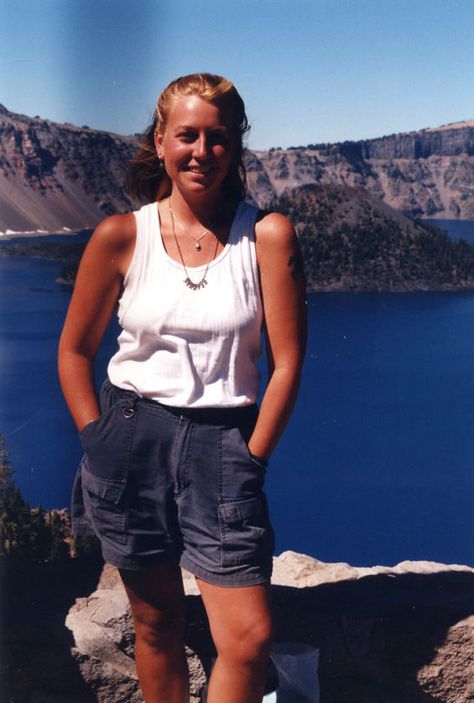 Cheryl at Crater Lake, Oregon. Wild Cheryl Strayed, Wild Movie, Up The Movie, Cheryl Strayed, Oprahs Book Club, Pacific Crest Trail, Buying Groceries, Next Chapter, Overall Shorts