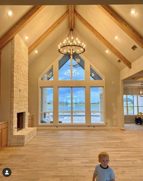 Living Room Beams Vaulted Ceiling, Wood Beams In Great Room, Living Room Trusses, Types Of Beams Ceilings, Vaulted Living Room Windows, Two Over Two Windows, Beam On Vaulted Ceiling, Barndominium Window Ideas, Vaulted Ceiling House Plans