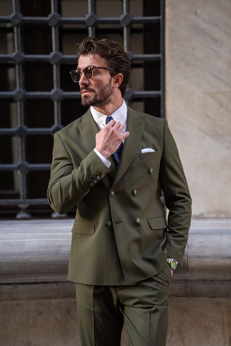 Craft a look of distinction with the Khaki Double Breasted Suit 2-Piece. The suit’s elegant khaki color and tailored fit offer a sophisticated alternative to traditional suiting, ensuring you stand out with style.  #khakisuit #doublebreastedsuit #modernformalwear #uniqueelegance #gentlemensfashion #tailoredfit #businessstyle #suitandstyle #fashionforward #classicwithatwist Wedding Double Breasted Suit, Wedding Suit Double Breasted, Green Double Breasted Suit Men, Men Suits Style Wedding Classy, Men Suits Style Wedding, Tiny Dorm Room, Suits For Guys, Double Breasted Suit Men, Green Suit Men