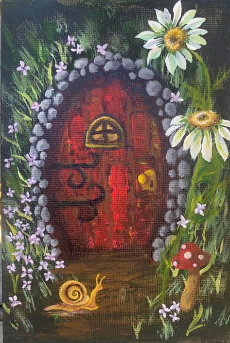 "This acrylic on canvas board packs a lot of interest in it's 4\" x 6\" size. A little window to another world. Part of a fairy door series (check for similar listings as they become available) the colors of this piece really pop against the dark of the deep forest you sense lurks beyond  While I do my best to photograph in natural lighting in the best way to represent the true colors of each piece, please note that minor variations in color when translated to an online forum are likely. If additional photos are needed to further assist in your decision, I am happy to provide them for you as soon as possible. The piece in the photos is the one you will receive unless the listing is a commission, and the piece is an example. All pieces are original and ready to ship. Items will ship within Whimsical Art Oil Pastel, Vintage Inspired Painting, Fairy Core Painting Ideas, Fairy Home Painting, Fairy Garden Painting Ideas, Easy Fairy Painting On Canvas, Mushroom On Canvas, Tree Painting Easy Simple, Mushroom Forest Painting Easy