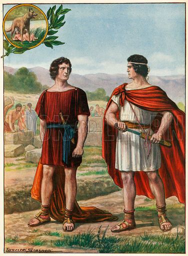 A painting of Romulus and Remus as adults and near the end of the foundation myth, as Romulus begins to draw his sword to strike down his brother in order to become the ruler of Rome. Roman Kings, Romulus And Remus, Italy History, Greek Pantheon, Rome Antique, Roman Gods, Terra Nova, History Images, In Memoriam