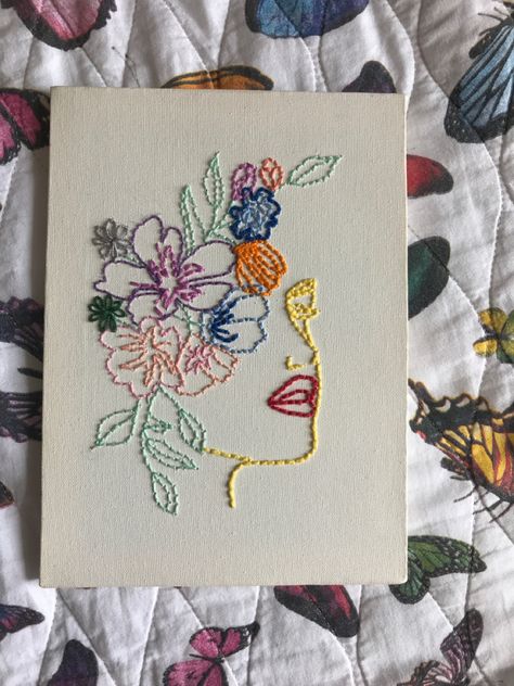 Sewing On Canvas Art Ideas, Paint Embroidery Canvas, Embroidered Line Art, Thread Canvas Art Ideas, Line Art Painting Canvases, Needle Art On Canvas, Embroidery Designs On Canvas, Embroidered Canvas Art Diy, Line Painting Canvas