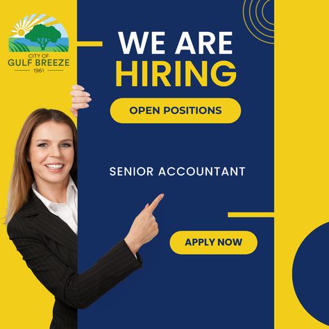 The City of Gulf Breeze is hiring an experienced Senior Accountant! If you are interested in joining our team, please apply online! https://www.indeed.com/job/senior-accountant-5d1bfd00acfd18c9 Senior Accountant, Sick Time, Retirement Plan, City Vacation, Join Our Team, Retirement Planning, Apply Online, Life Insurance, Accounting