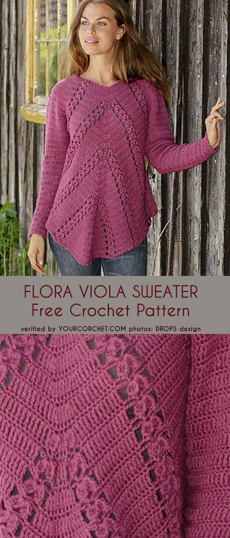 Flora Viola Sweater in 6 sizes Free Crochet Pattern Black Crochet Dress, Crochet Sweater Pattern Free, Mode Crochet, Crochet Clothes For Women, Crochet Tunic, Raglan Pullover, Haken Baby, Crochet Jacket, Crochet Cardigan Pattern